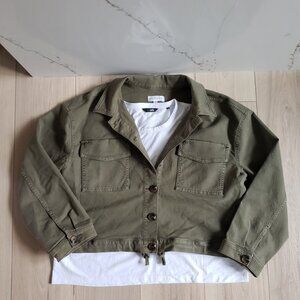 LOFT Bomber Jacket Womens XL Olive Green + Cuts Tee White Short Sleeve